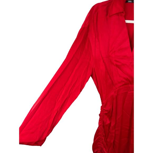 Zara Lipstick Red Satin Finish Mini‎ Dress Adjustable Side Cinching Size XS - Picture 10 of 11